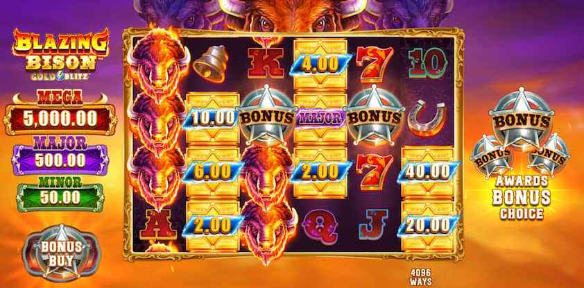 Blazing Bison Gold Blitz paytable showing all symbols including the Golden Bison, Lucky 7, Bell and Horseshoe